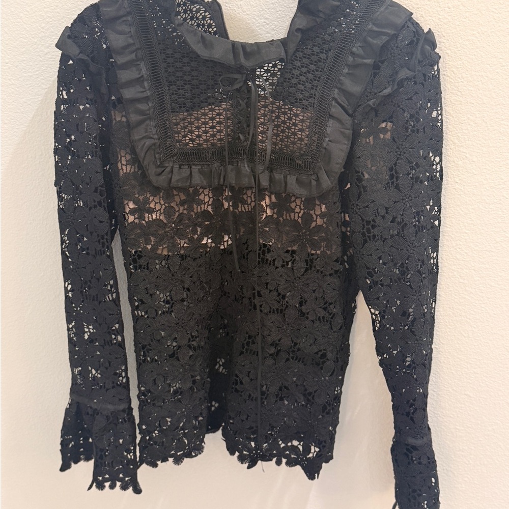 Black Lace Long-Sleeve Women's Top with Ruffle Bib
